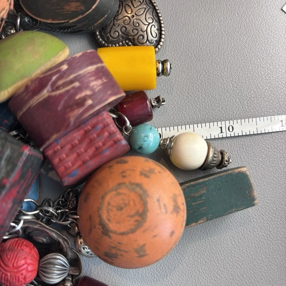 Vintage Mexican Folk Art Charm Necklace Statement Bib Beaded Wood Metal